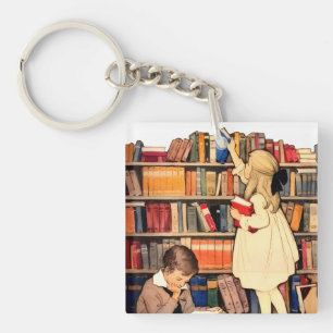 Antike Kinder lesen Bibliotheksbücher Schlüsselanhänger