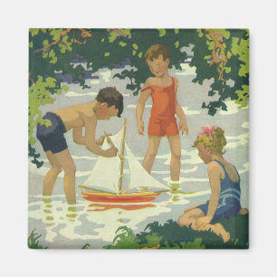 Antike Kinder spielen mit Segelbooten am Sommertei Magnet