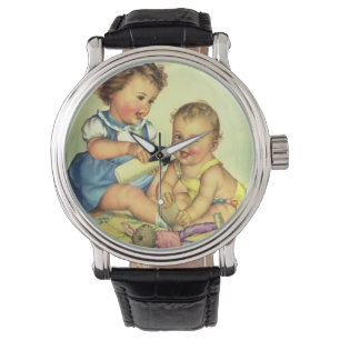 Antike Kinder, süße glückliche Kleinkinder lächeln Armbanduhr