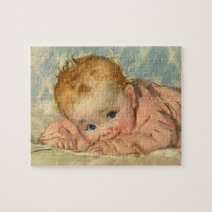 Antike Kinder, süßes Baby Mädchen auf einer Decke Puzzle