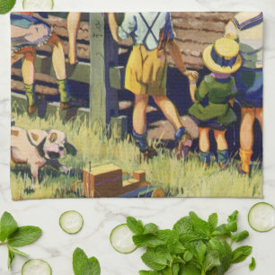 Antike Kinder winken einem örtlichen Bauern auf ei Geschirrtuch