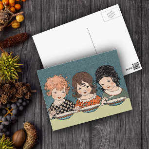 Antike kleine Mädchen essen Suppe Drei Schwestern Postkarte