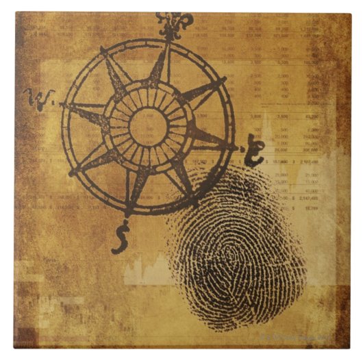 Antike Kompass-Rose mit Fingerabdruck Fliese (Vorderseite)