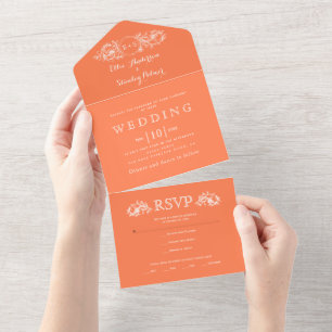 Antike Korallenblumenrahmen und Initialen Hochzeit All In One Einladung
