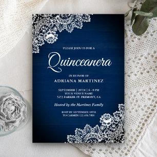 Antike ländliche Navyblaue Holzspitze Quinceanera Einladung