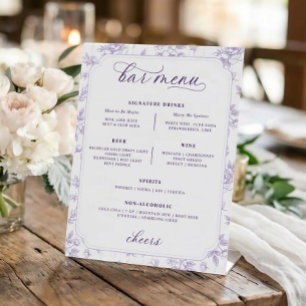 Antike Lavendel-Blumen-Toile-Bar-Menü-Hochzeit Sockelschild