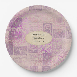 Antike Lavendel-Ephemera-Damask-Hochzeit Pappteller