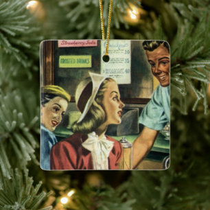 Antike Liebe und Romanze, Dame im Soda-Shop Keramikornament