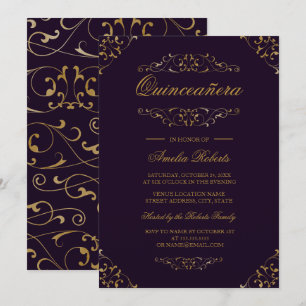 Antike lila-goldene Quinceanera-Einladung mit Flou Einladung