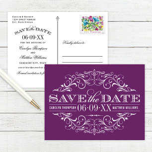 Antike lila Schriftrolle Hochzeit "Save the Date" Ankündigungspostkarte