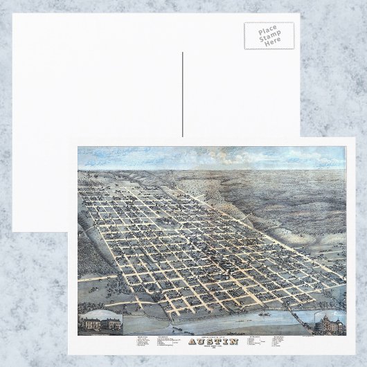 Antike Luftkarte von Austin, Texas, 1873 Postkarte