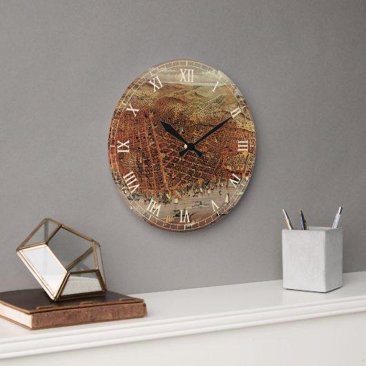 Antike Luftkarte von San Francisco, Kalifornien Große Wanduhr (Büro)