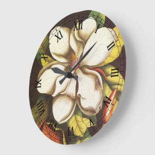 Antike Magnolienblüten Pflanze mit Samen Große Wanduhr