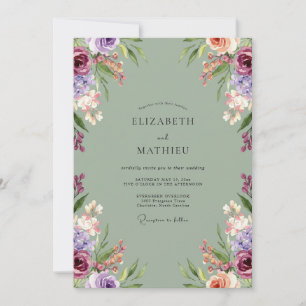 Antike Mauve-Olive-Wildblumen-Hochzeit Einladung