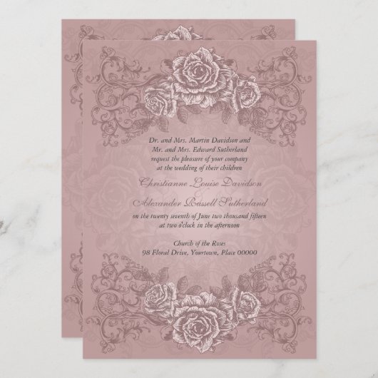 Antike Mauve Rose Einladung Hochzeit (Vorne/Hinten)