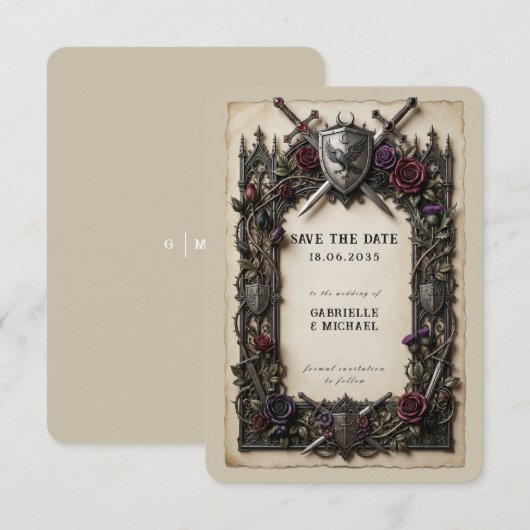 Antike mittelalterliche Ritter-Schwerter mit flora Save The Date (Vorne/Hinten)