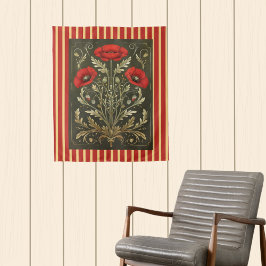 Antike Mohnblumen Art Nouveau Gold Rot Gestreift Wandteppich