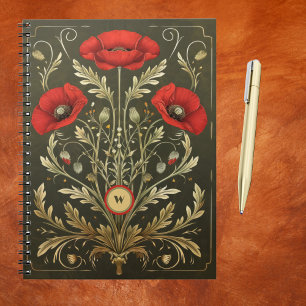 Antike Mohnblumen Gold Rot Jugendstil Monogramm Notizblock