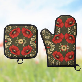 Antike Mohnblumen Gold Rot Jugendstil Monogramm Ofenhandschuh & Topflappen-Set