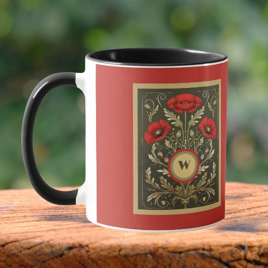 Antike Mohnblumen Gold Rot Jugendstil Monogramm Tasse