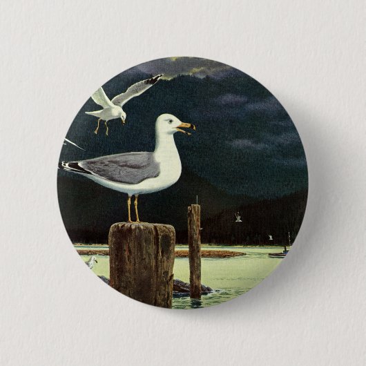 Antike Möwe auf Pier, Meeresvögel Tiere Button (Vorderseite)
