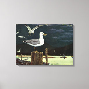 Antike Möwe auf Pier, Meeresvögel Tiere Leinwanddruck