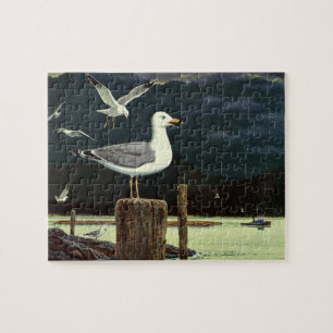 Antike Möwe auf Pier, Meeresvögel Tiere Puzzle