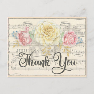 Antike Musik mit rosa gelben Blumen Dankeschön Postkarte