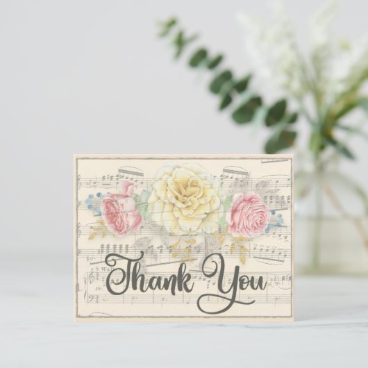 Antike Musik mit rosa gelber Blüte Vielen Dank Postkarte (Stehend Vorderseite)