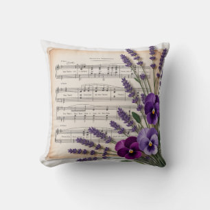 Antike Musik und Lavendel-Stiefmütterchen Blumen Kissen