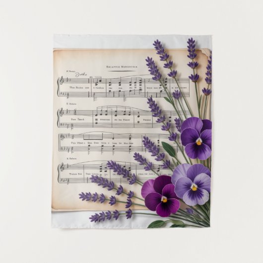 Antike Musik und Lavendel-Stiefmütterchen Blumen Wandteppich (Vorderseite)
