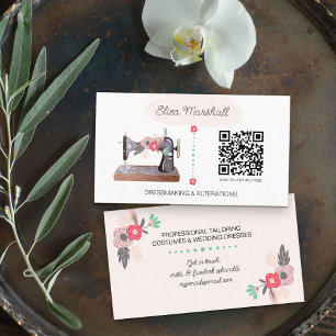 Antike Nähmaschine und QR-Code Boho Floral Visitenkarte
