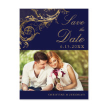 Antike Navy Blau Gold Damast Foto Save-the-Date-Ka