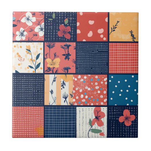 Antike Navy-Korallen-Blumen-Patchwork-Decke Fliese (Vorderseite)