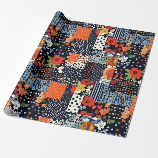 Antike Navy-Korallen-Blumen-Patchwork-Quilt Geschenkpapier (Ungerollt)