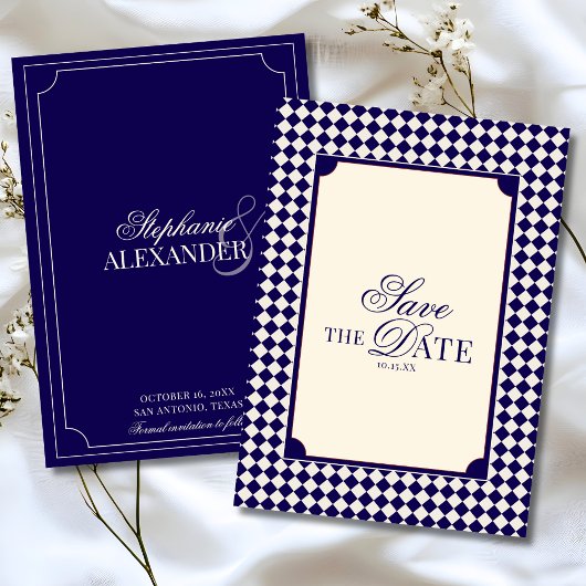 Antike Navyblaue karierte Old-Money-Hochzeit Save The Date