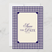 Antike Navyblaue karierte Old-Money-Hochzeit Save The Date (Vorderseite)