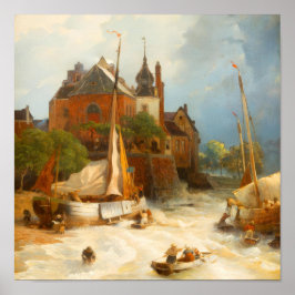 Antike niederländische Küstenstadt und Segelschiff Poster