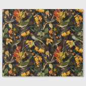 Antike Nostalgische Redouté-Blume und Vogelschwarz Geschenkpapier (Flach)