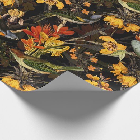 Antike Nostalgische Redouté-Blume und Vogelschwarz Geschenkpapier (Ecke)