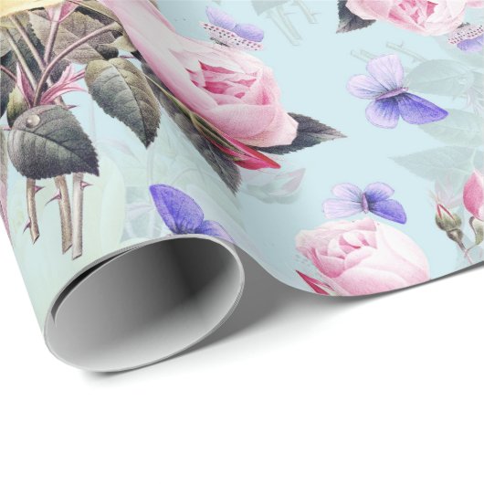 Antike Nostalgische Redouté-Rose Blau Geschenkpapier (Rolleneckpunkt)