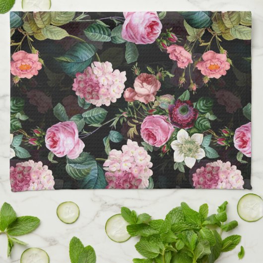 Antike Nostalgische Redouté-Rose Muster schwarz Geschirrtuch (Gefaltet)