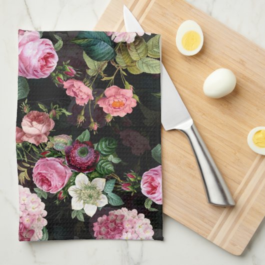 Antike Nostalgische Redouté-Rose Muster schwarz Geschirrtuch (Viertel Falte)