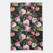 Antike Nostalgische Redouté-Rose Muster schwarz Geschirrtuch (Vertikal)