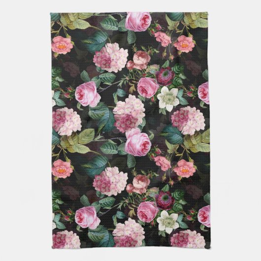 Antike Nostalgische Redouté-Rose Muster schwarz Geschirrtuch (Vertikal)