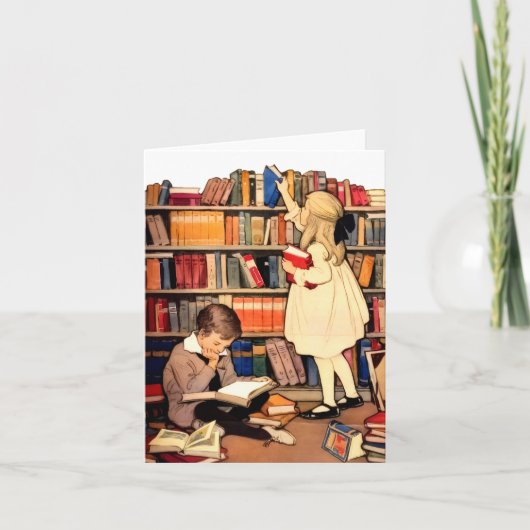 Antike Notizkarte Kinder lesen Bibliotheksbücher (Vorderseite)