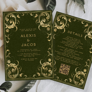 Antike Oliven-Goldrahmen-QR-Code-Hochzeit Einladung