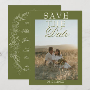 Antike Oliven-Grüne-Foto-Alte-Geld-Hochzeit Save The Date