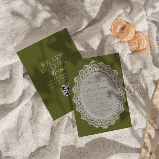 Antike Oliven-grüne Spitze Doily QR Code Hochzeit Einladung