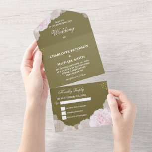 Antike Olivgrün- und Rosa-Pfingstrosen-Hochzeit All In One Einladung